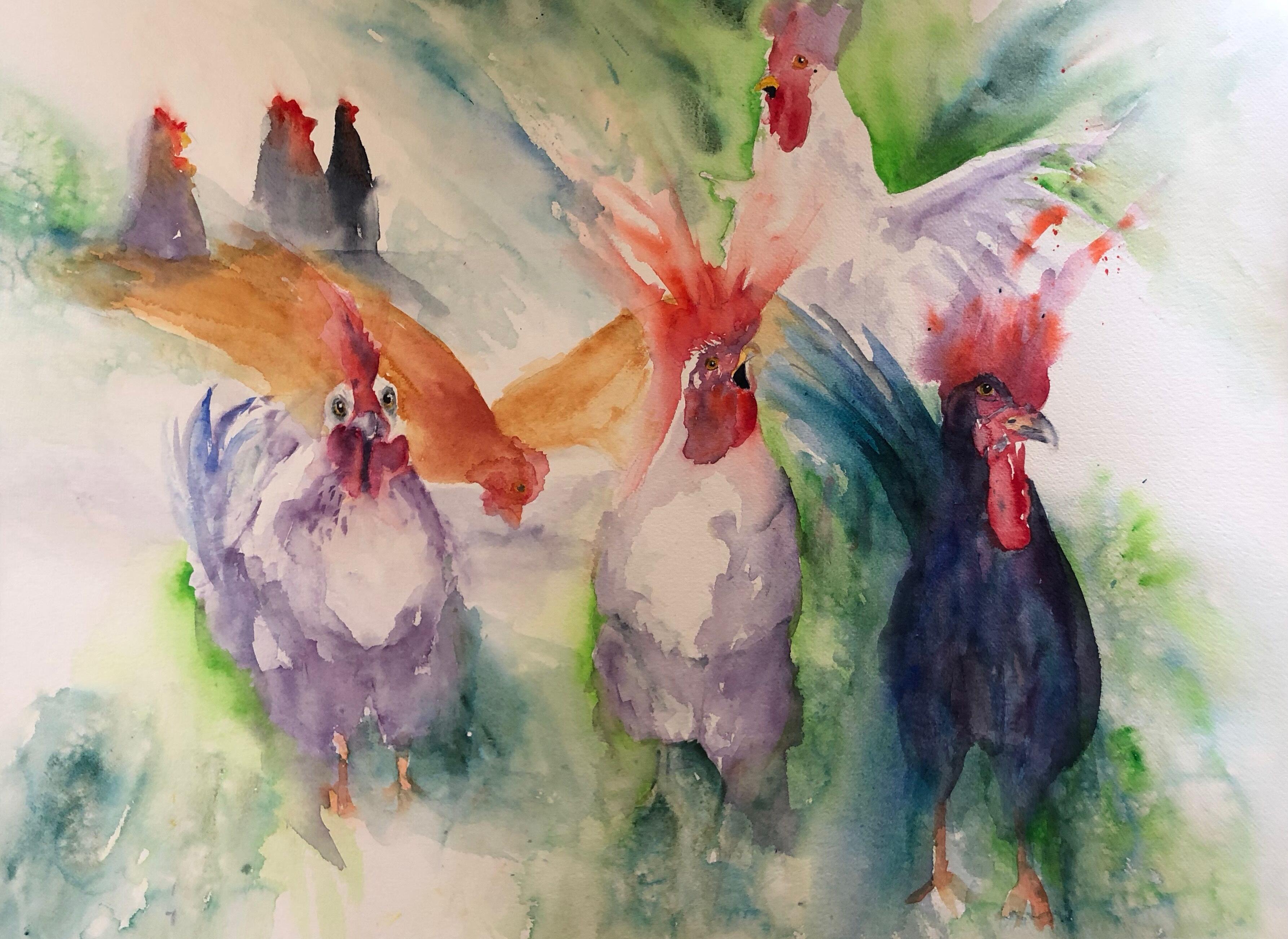 "The Boys are Back in Town" is an original watercolor by Julia Taylor. This painting shows a group on roosters and hens walking around and grazing. The combs and grass flair out in almost expressionistic ways.

Image: 22 x 30 in
Framed: 30 x 36 in