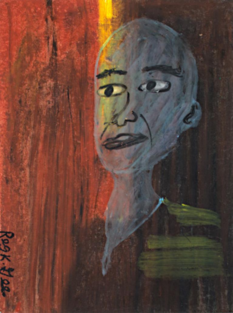 "Double Tone" is a pastel on paper signed by Reginald K Gee. This portrait is of a bald man in a dark room. He is an ashy blue color, whereas the background is warm yellow, red, and black. 

Art: 12 x 9 in

Reginald K. Gee was born in Milwaukee on