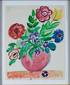 „Rote Vase mit Blumen auf orangefarbenem Tischtuch“, Aquarell signiert von Sylvia Spicuzza