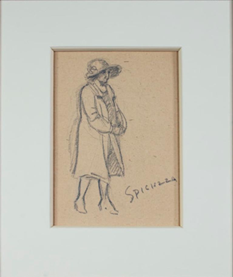 "Woman in Coat & Fancy Hat," Graphite Drawing signed by Sylvia Spicuzza