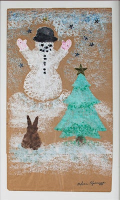 Retro "Winter Wonderland (Snowman, Pine Tree, Rabbit), " signed by Sylvia Spicuzza