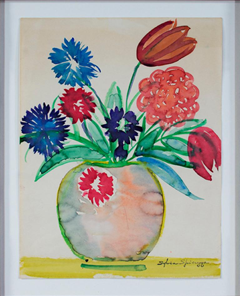 "Vase of Flowers on Chartreuse Tablecloth," Watercolor signed by Sylvia Spicuzza