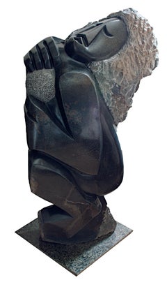 "Joyful Bowler, " Serpentine Sculpture signed by Felix Mlungisi an African Shona