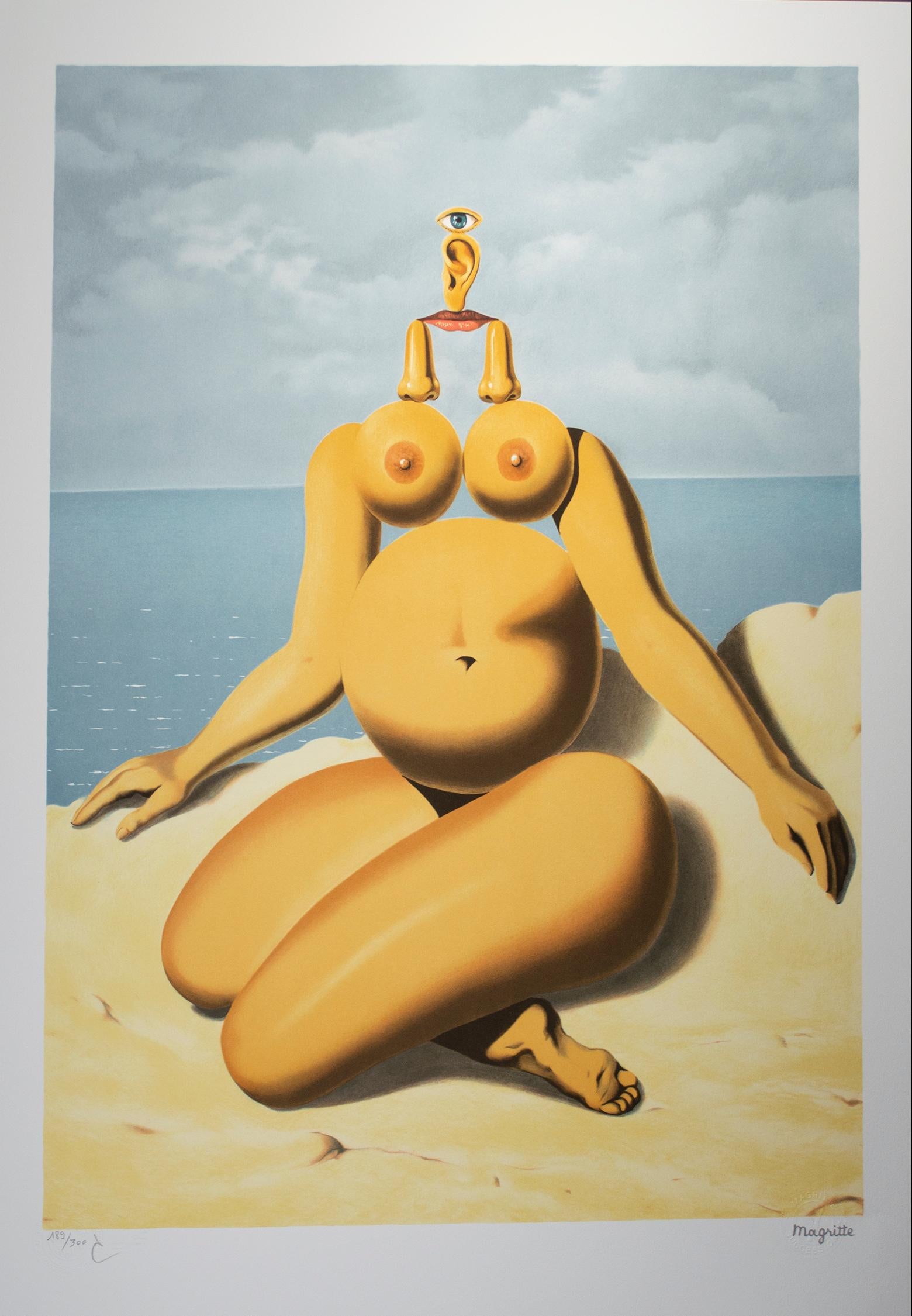"La race blanche" est une lithographie en couleur d'après le tableau original de 1937 de René Magritte. Une silhouette féminine est constituée d'un mélange de parties du corps. Un œil se trouve au-dessus d'une oreille, qui se trouve au-dessus d'une
