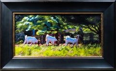 Contemporary female artist oil painting colorful realist trees goats signed