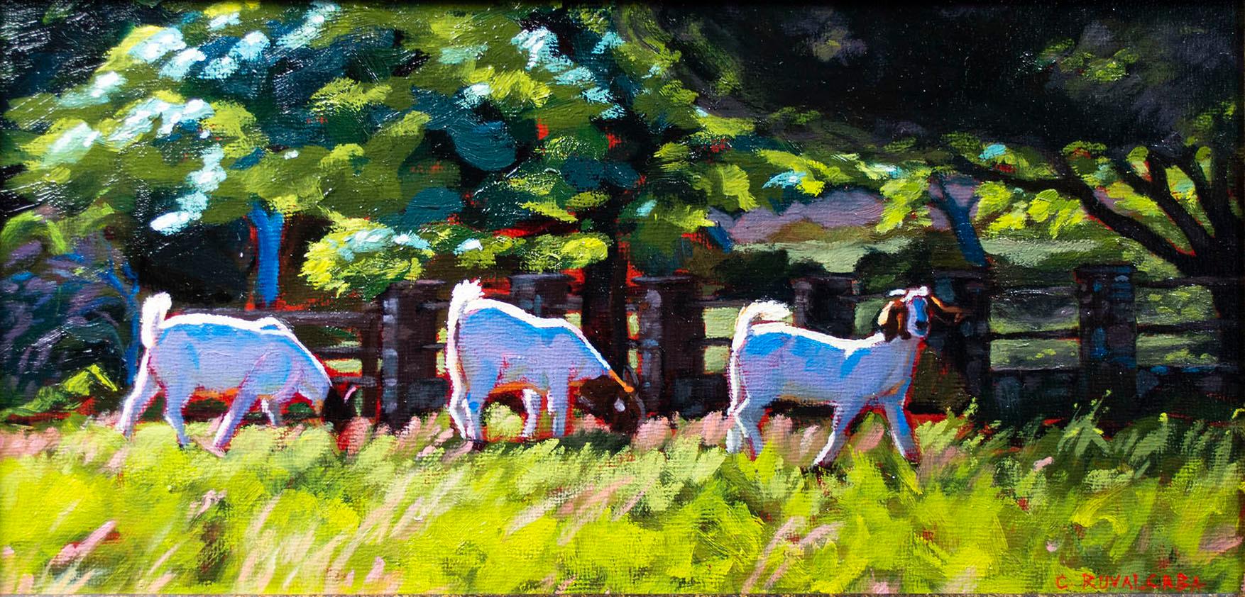 Cathryn Ruvalcaba Animal Painting - Contemporary female artist oil painting colorful realist trees goats signed
