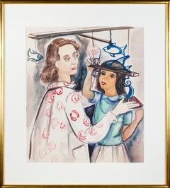 "Self-Portrait With Student Creating a Mobile" watercolor by Sylvia Spicuzza