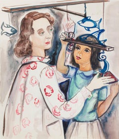 "Self-Portrait With Student Creating a Mobile" watercolor by Sylvia Spicuzza