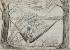 Antique "Girl in Hammock - Big Cedar Lake" original graphite drawing by Sylvia Spicuzza