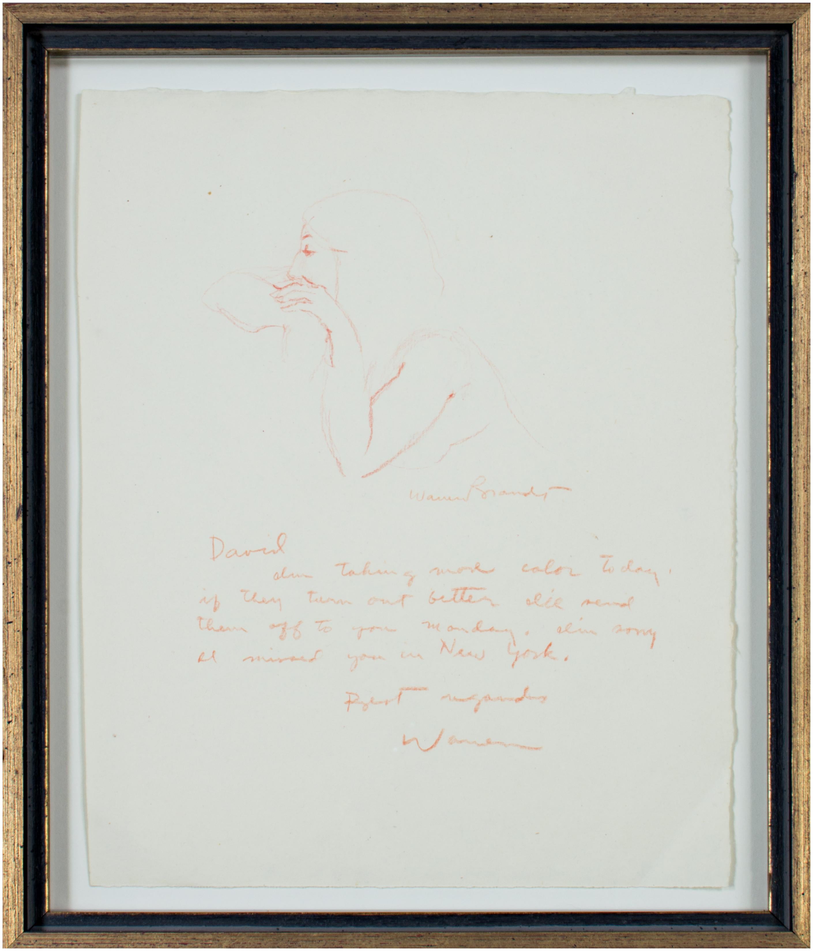 The present drawing is a subtle and intimate work by an artist best known for his colorful still lifes and interior scenes. In the image, a young woman rests on the back of a chair. Below is a handwritten letter from Brandt to the Milwaukee