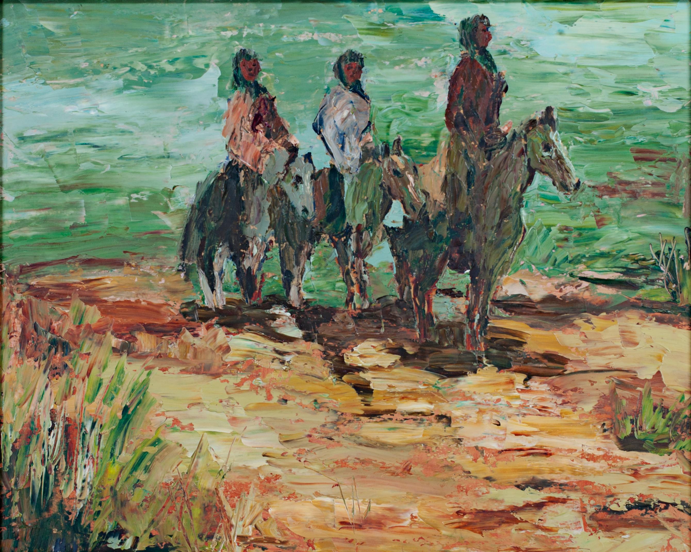 Südwest-Indianer in der Shore und im New Mexican Village, zweiseitiges Gemälde – Painting von Fritzi Schermer Brod