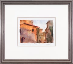 Contemporary watercolor landscape city buildings houses windows sky signed