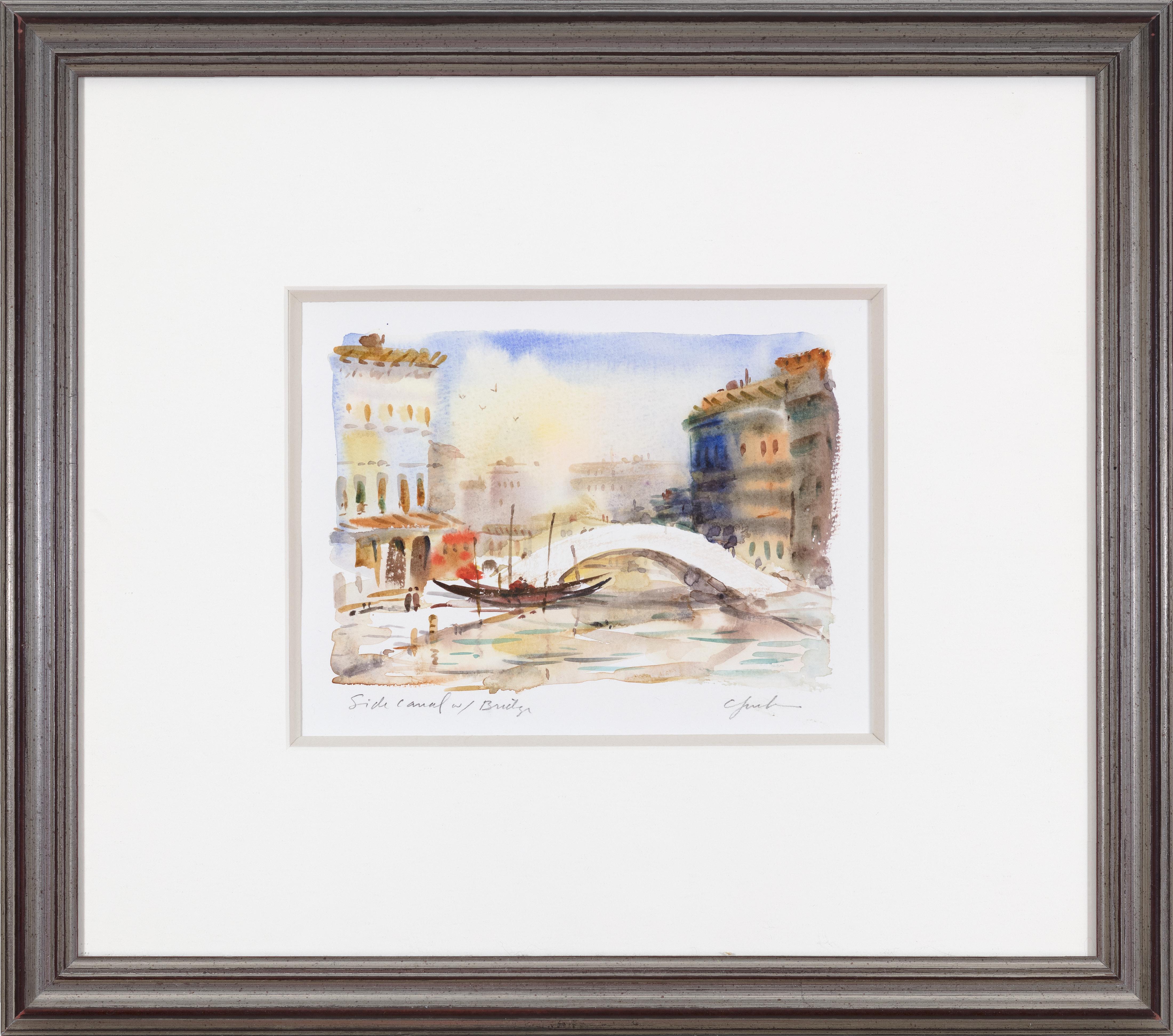 'Side Canal with Bridge'  is an original watercolor on Holbein watercolor paper by Craig Lueck. These petite watercolors that shape Lueck's portfolio serve as windows into the artist's world.

5" x 6-1/2" art
 13-5/8" x 15-3/8" frame

From