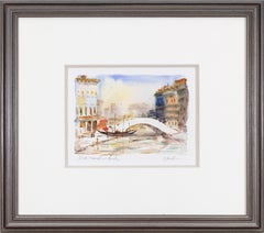 Contemporary watercolor landscape city bridge canal boats water signed