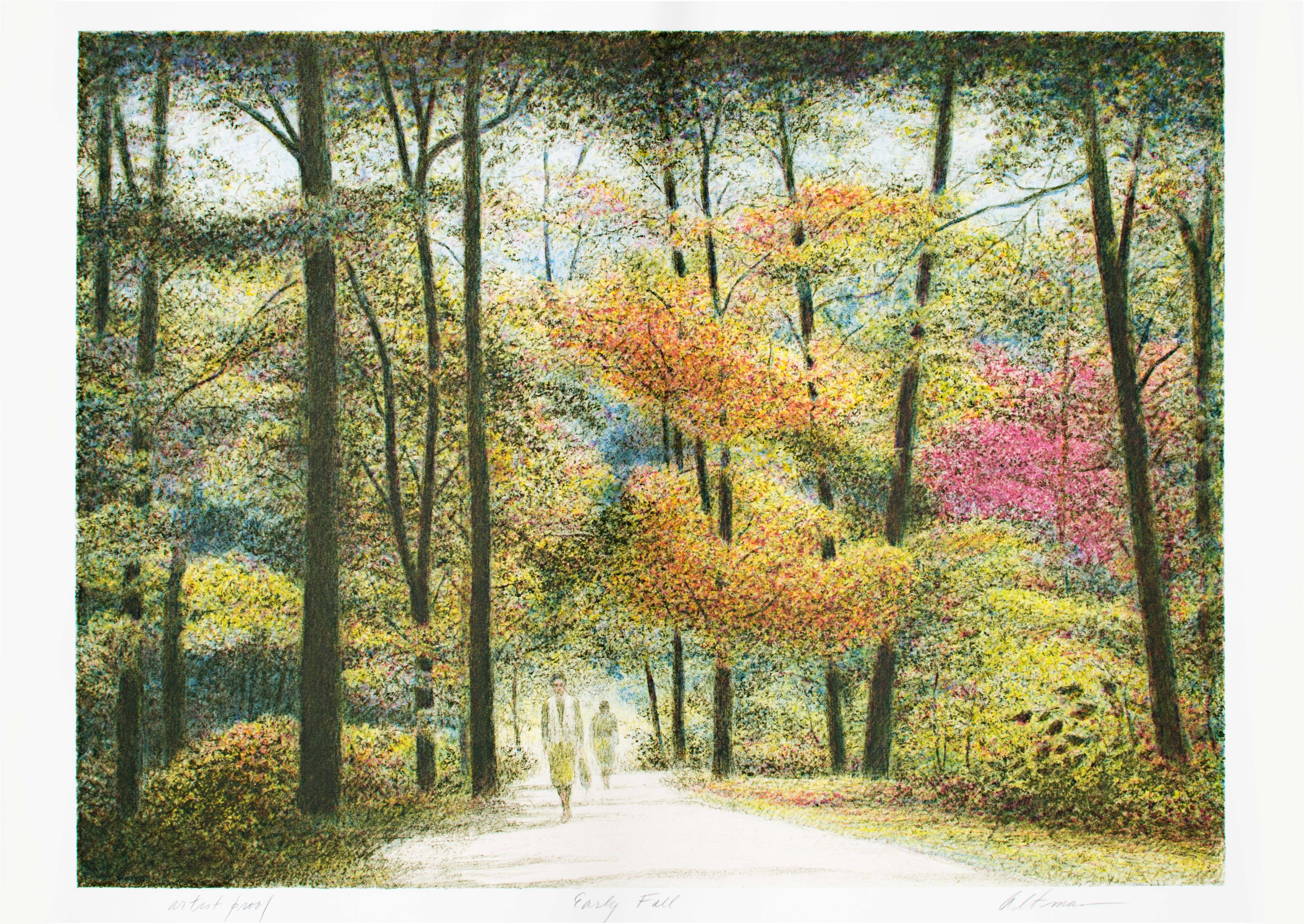 Harold Altman Figurative Art - 'Early Fall' original color lithograph, signed in pencil