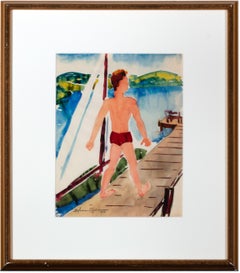 Homme avec un voilier sur le quai du lac Cedar #756'' aquarelle originale