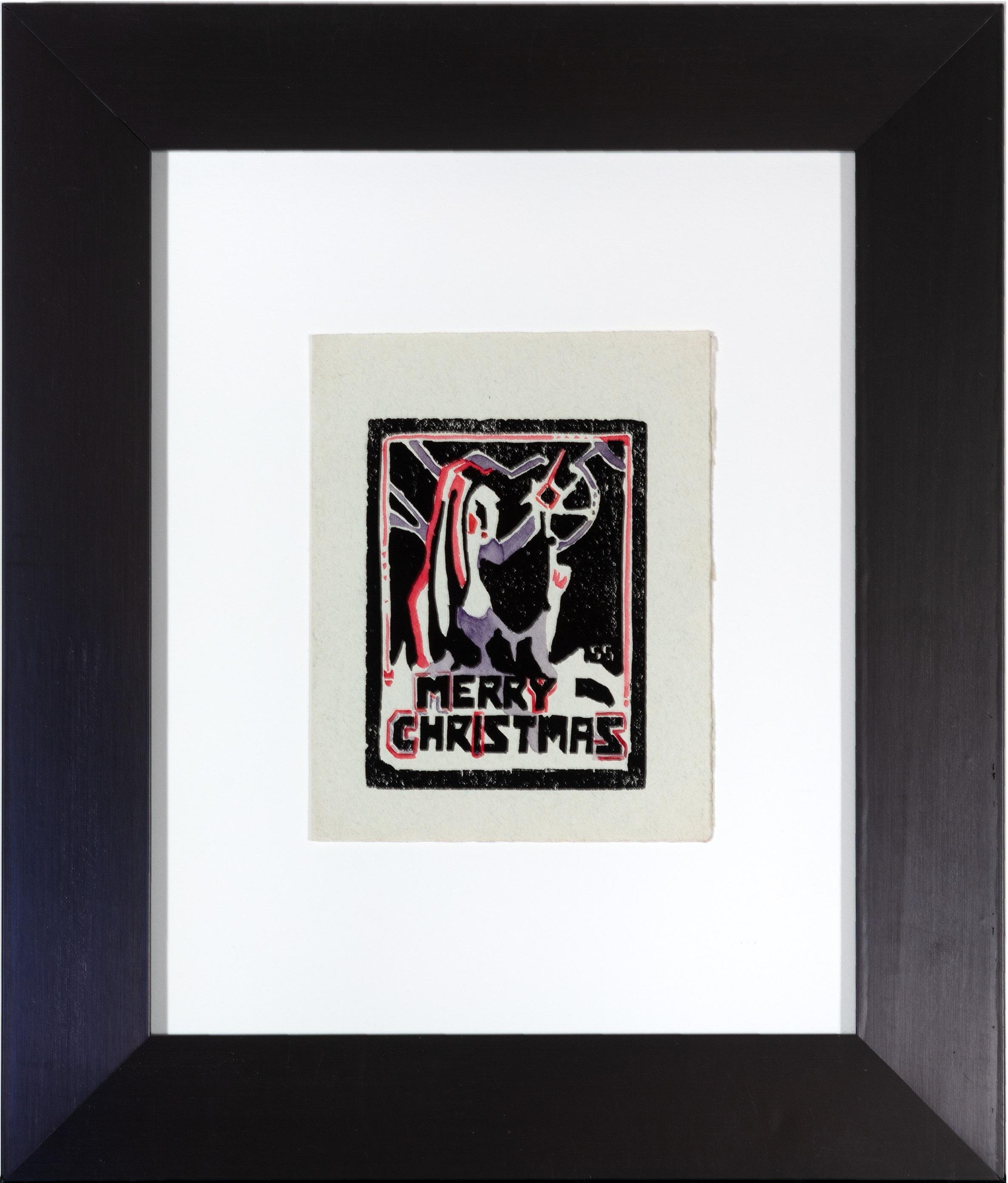 Sylvia Spicuzza Figurative Print - 'Merry Christmas' original color woodcut on paper, signed in block