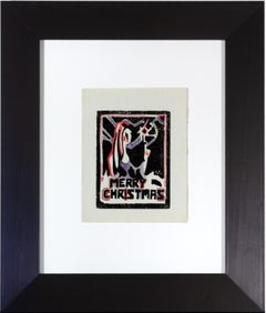 'Merry Christmas' original color woodcut on paper, signed in block