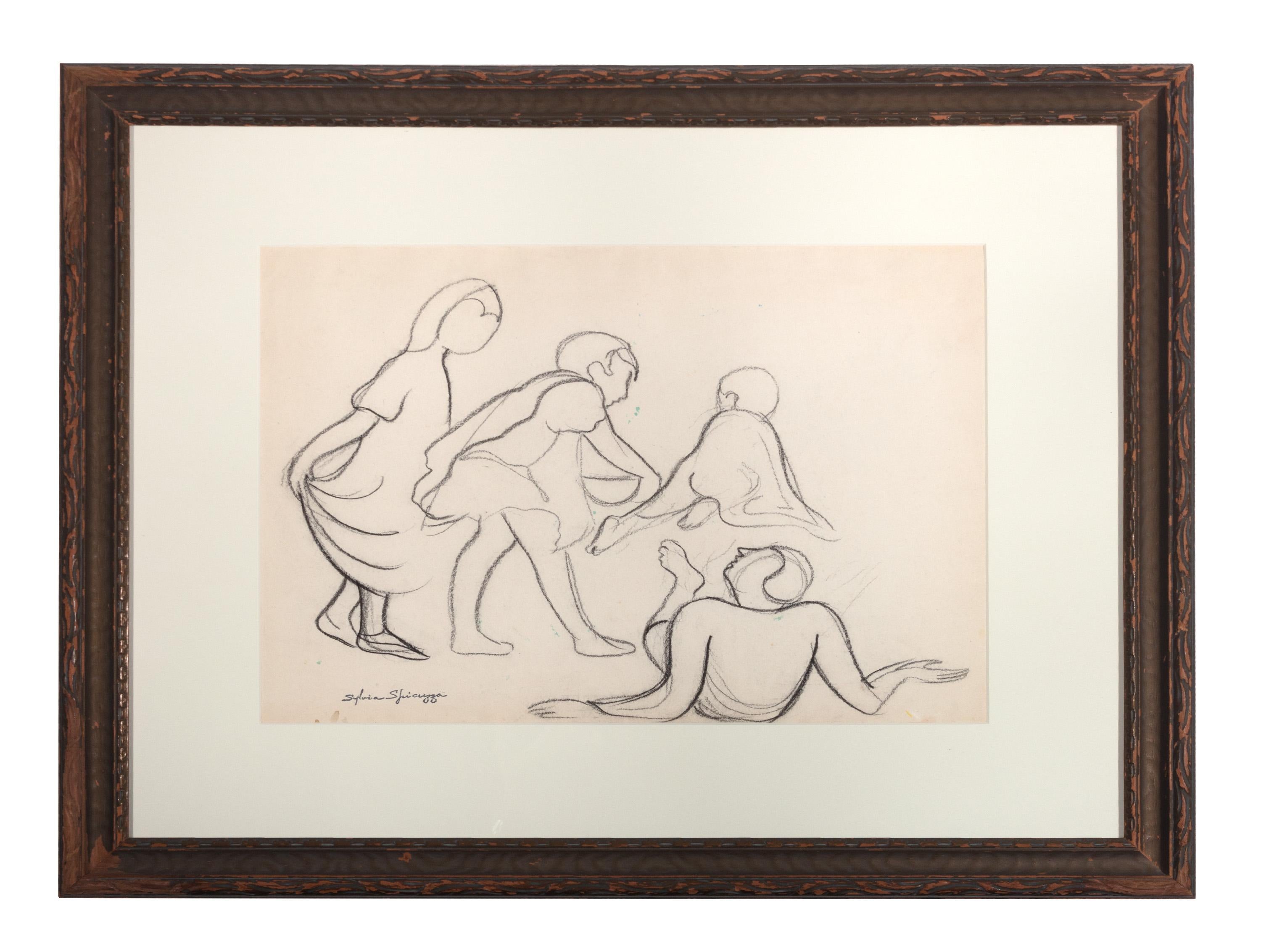 Sylvia Spicuzza Figurative Art - 'Four Figures' Charcoal drawing, signature stamped lower left