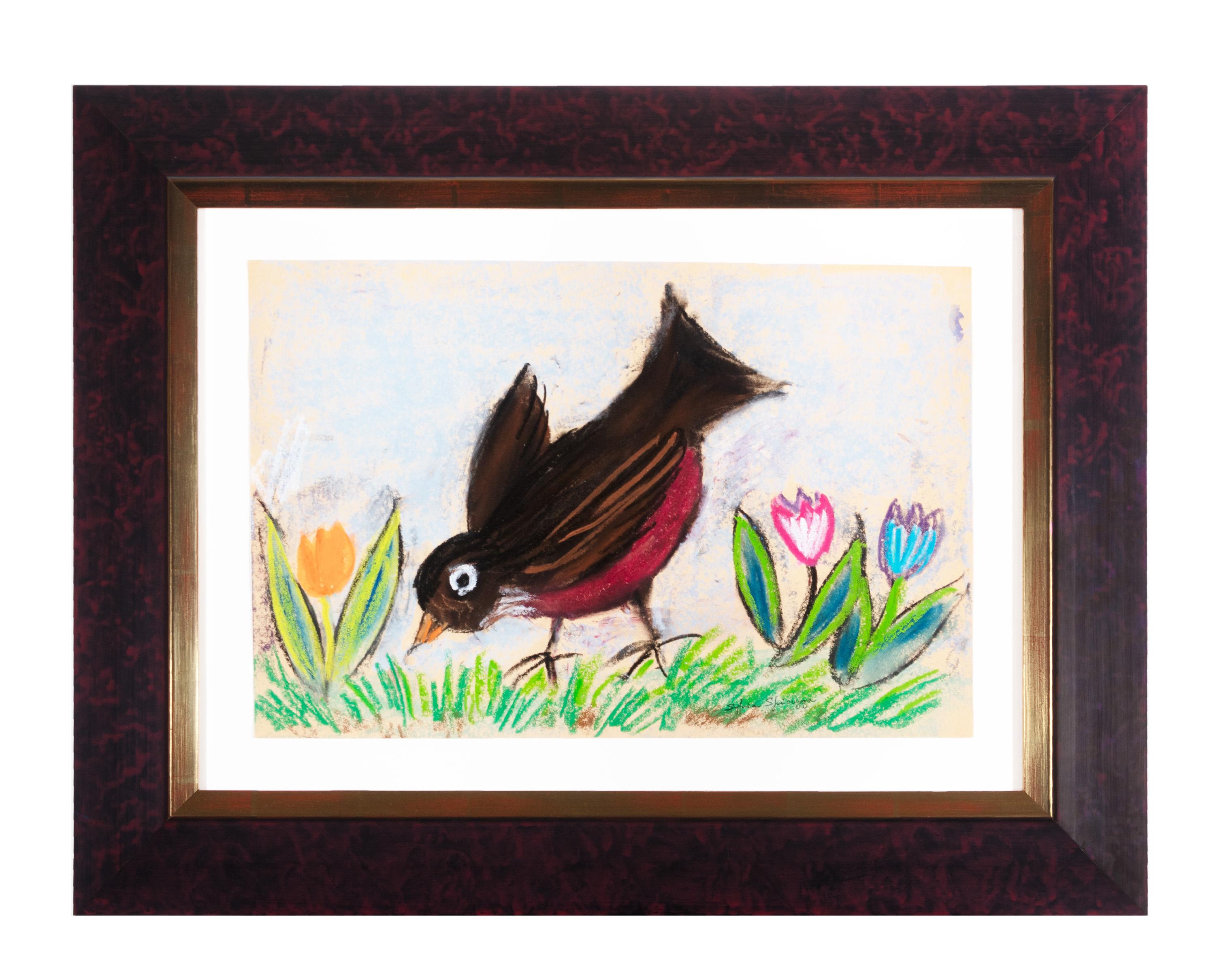'Robin With Tulips' Pastel, stamped signature lower right - Art by Sylvia Spicuzza