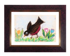 Vintage 'Robin With Tulips' Pastel, stamped signature lower right
