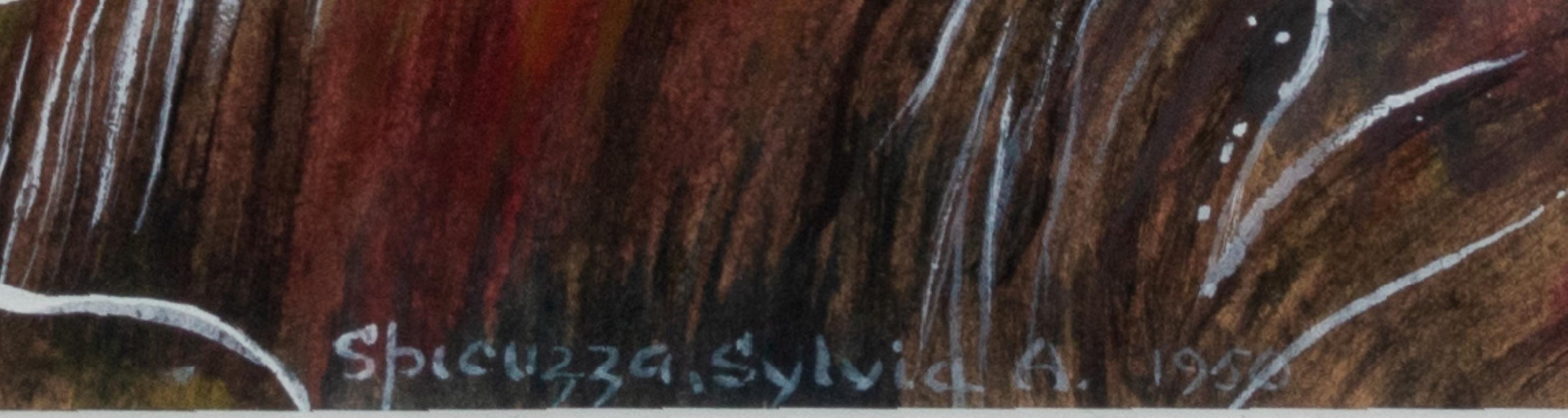 Aquarelle signée ''Deux visages avec un oiseau #339''. en vente 2