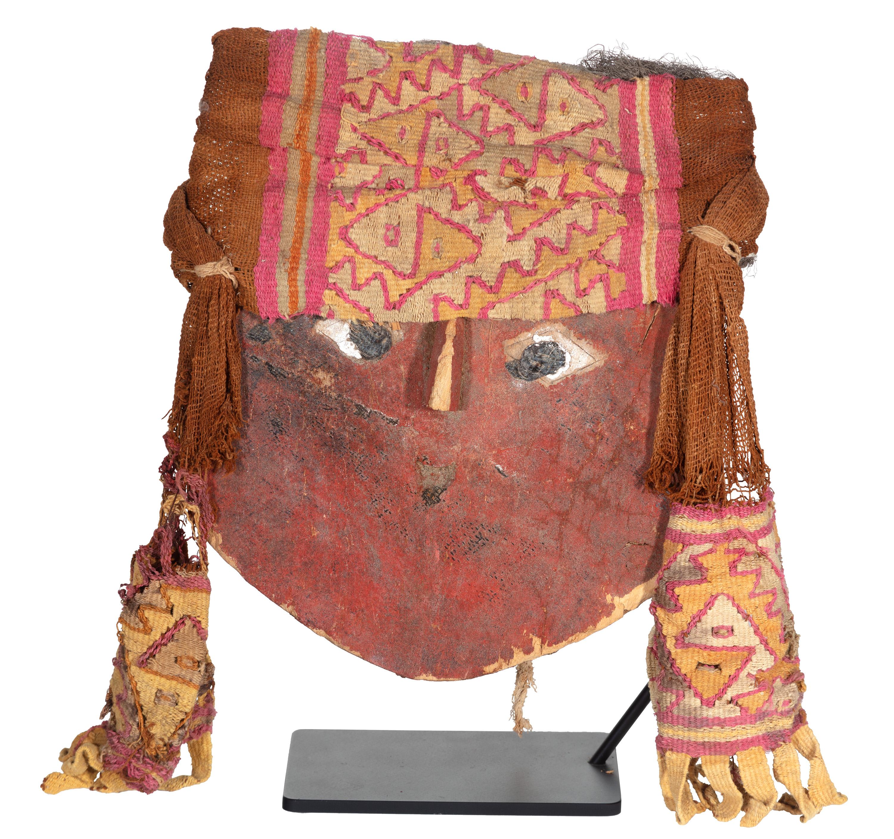 "Chancay" (Pre-Columbian) Mummy Mask wood face peruvian folk red human folk art - Art by Unknown