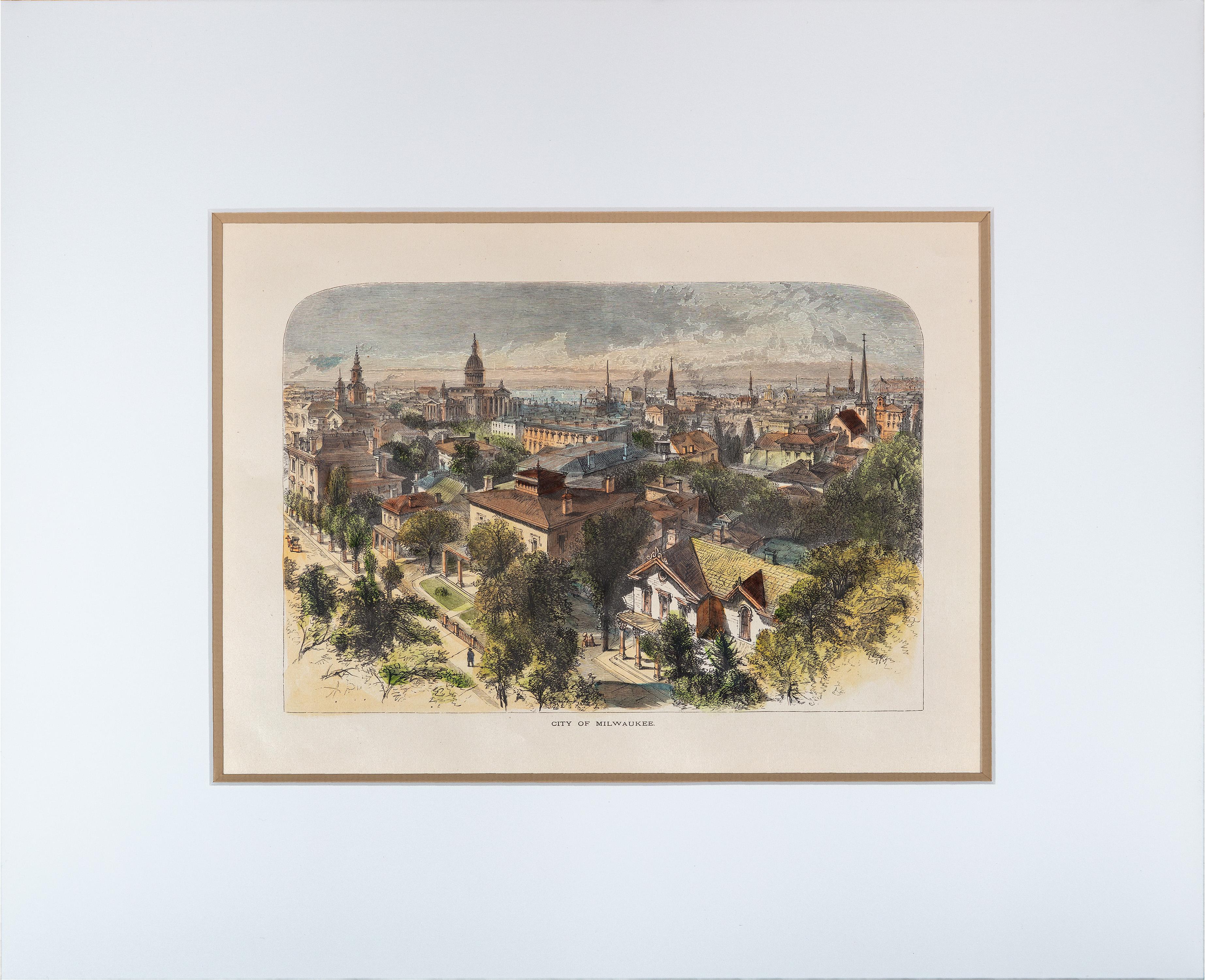 This image is a colored engraving of a city view of Milwaukee, Wisconsin, in 1873. The reverse depicts a lake view of the city of Racine, Wisconsin, a city to the south of Milwaukee. The image of Milwaukee shows a tree-lined street with stately