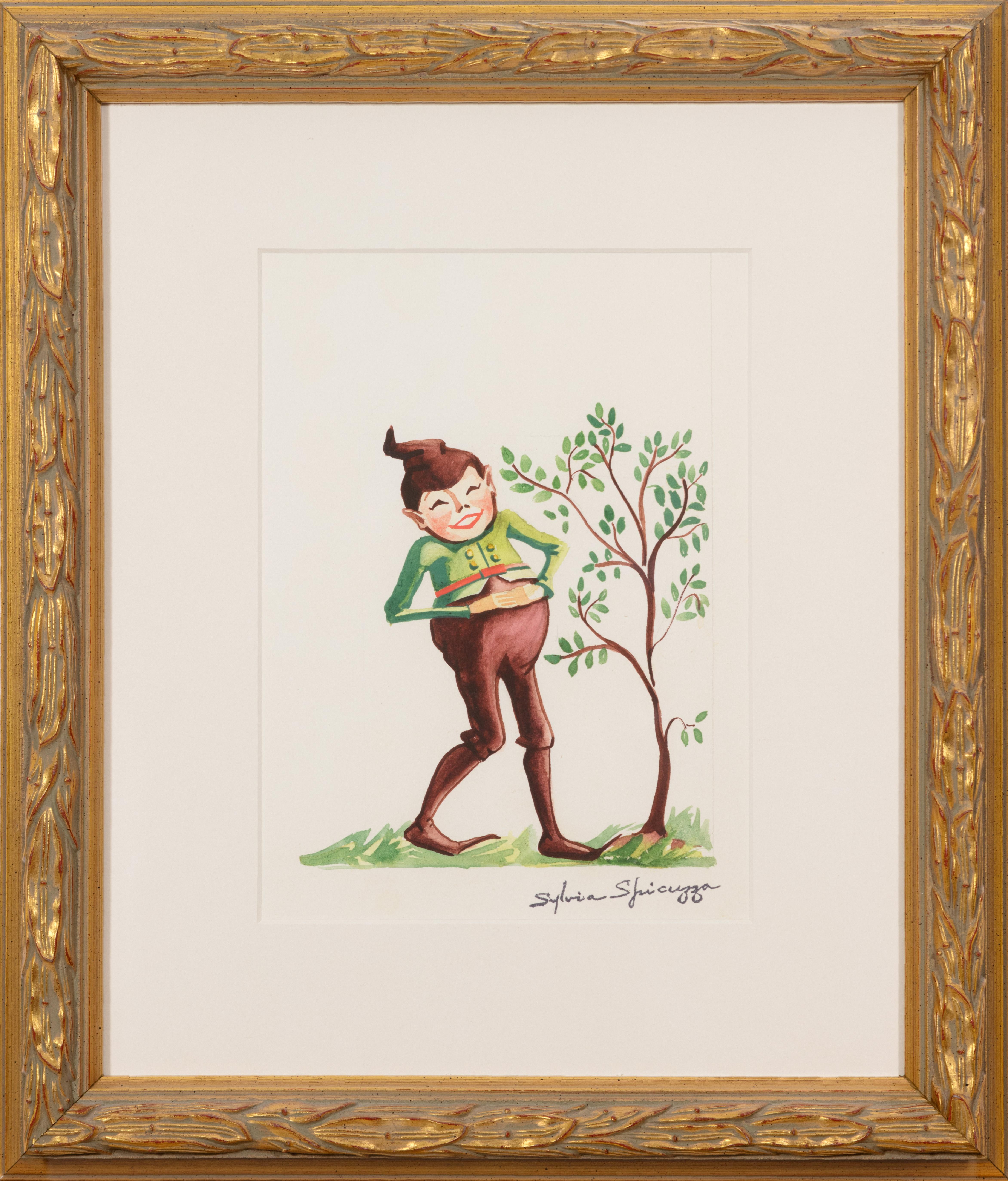 Auf diesem Bild zeigt Sylvia Spicuzza ihr Können als Illustratorin, indem sie die Milwaukee-Figur Billie the Brownie mit einer wachsenden Baumquelle darstellt. Eine Illustration wie diese könnte die Seiten eines Kinderbuchs oder einer illustrierten