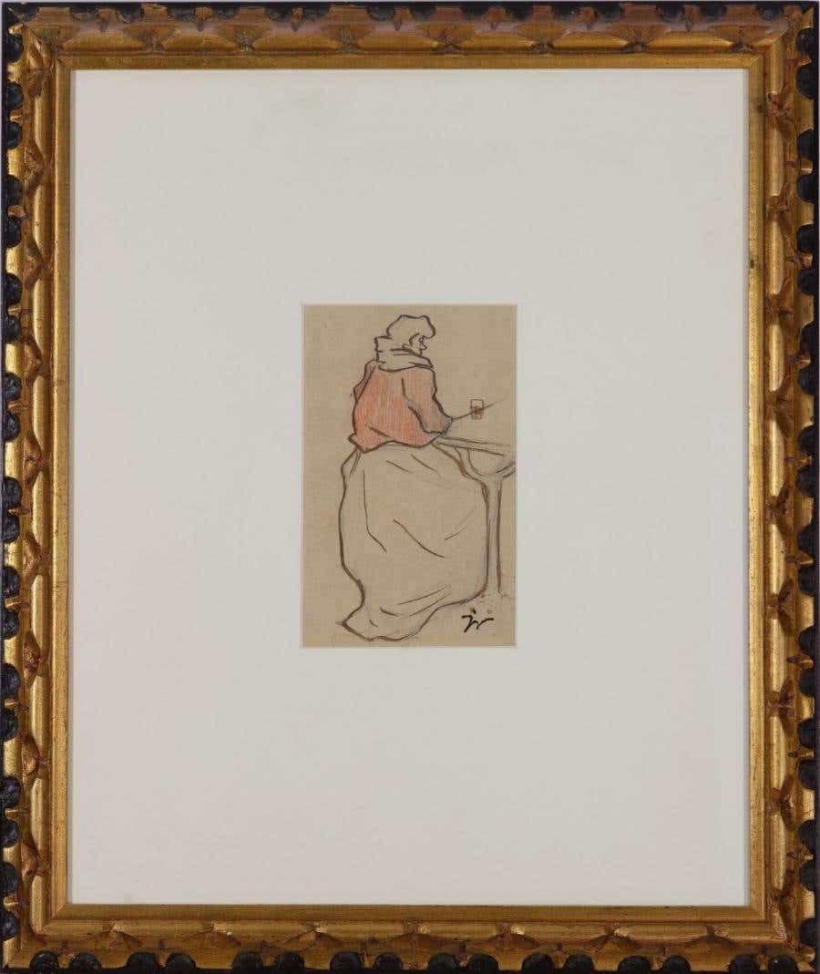 Femme Attablee avec Verre de Vin, Dessin à l'Encre, 20e Siècle
