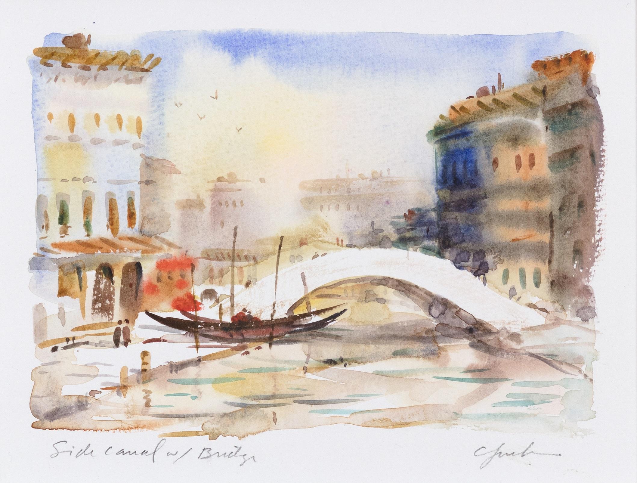 'Side Canal with Bridge' Original watercolor signed by Craig Lueck For Sale 1