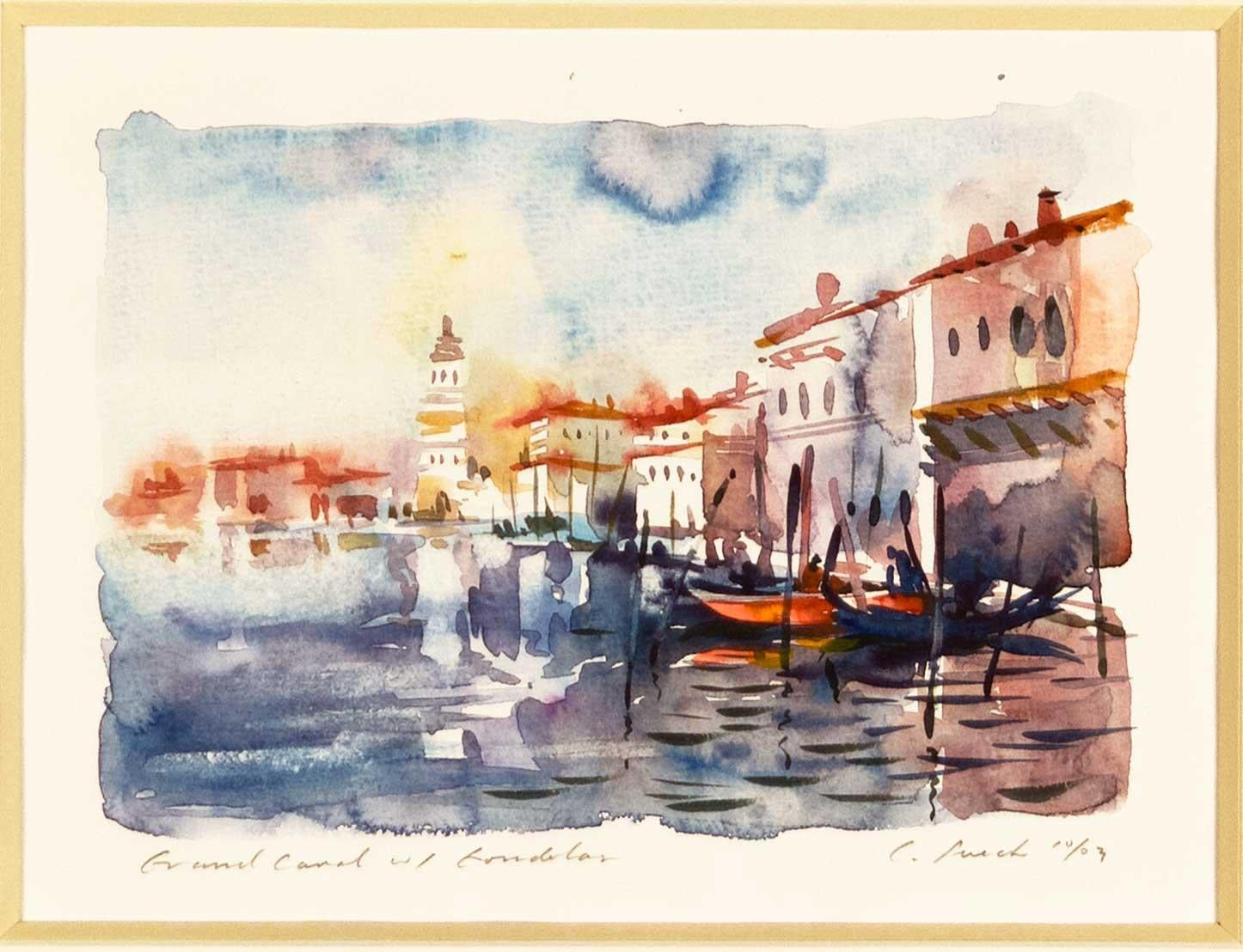 Grand Canal With Gondolas Landscape painting original watercolor - Painting by Craig Lueck