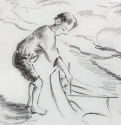 Boy Launching a Sailboat Graphite and charcoal Framed 16.75 x 15.5 Sentimental