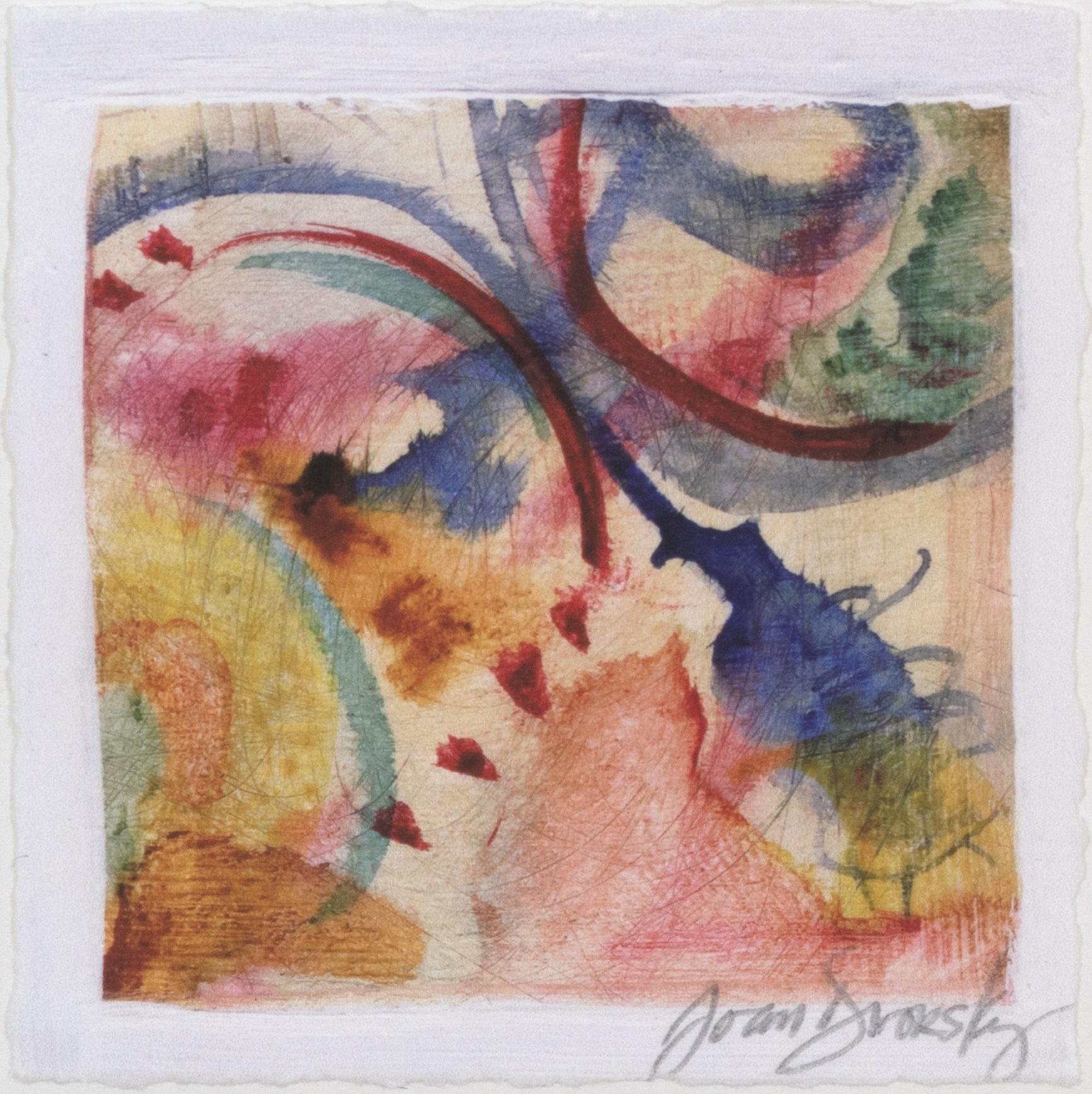 In this artwork, Milwaukee-based artist Joan Dvorsky presents the viewer with a composition of shapes and colors that abstractly and subtly resemble a beautiful, colorful and complex butterfly. The artwork incorporates a digital print of an earlier