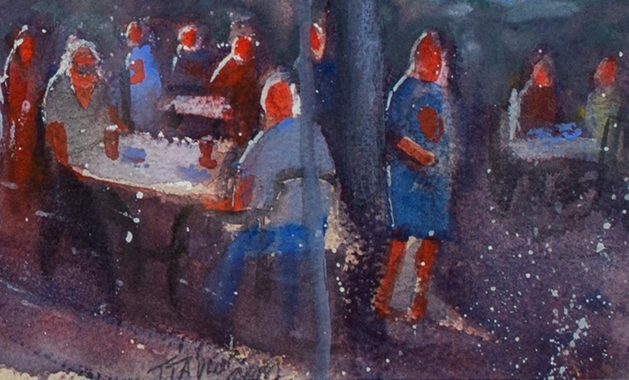 'Summertime at Cafe Hollander' Original Watercolor Signed by Artist For Sale 2