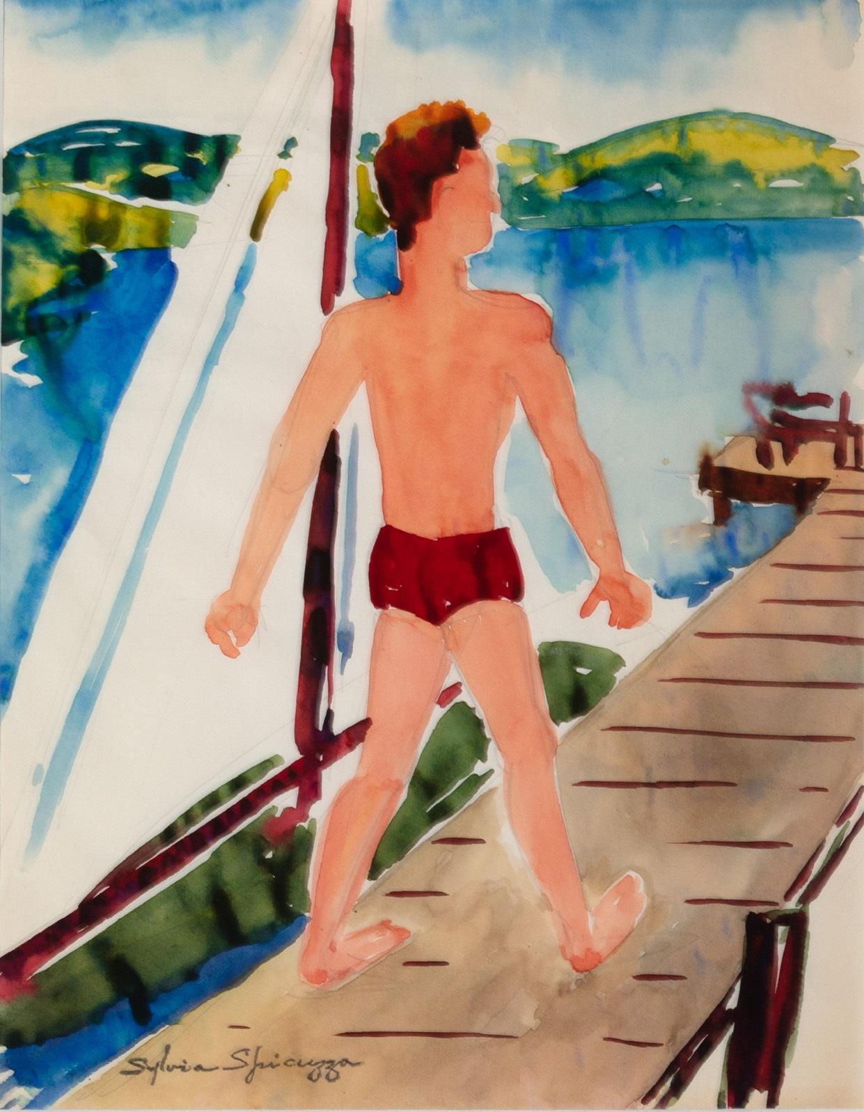 'Man With Sailboat On Pier At Cedar Lake #756' original watercolor - Art by Sylvia Spicuzza