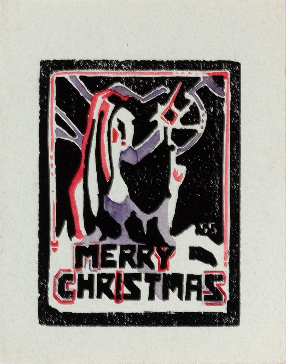 'Merry Christmas' original color woodcut on paper, signed in block - Print by Sylvia Spicuzza