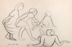 'Four Figures' Charcoal drawing, signature stamped lower left