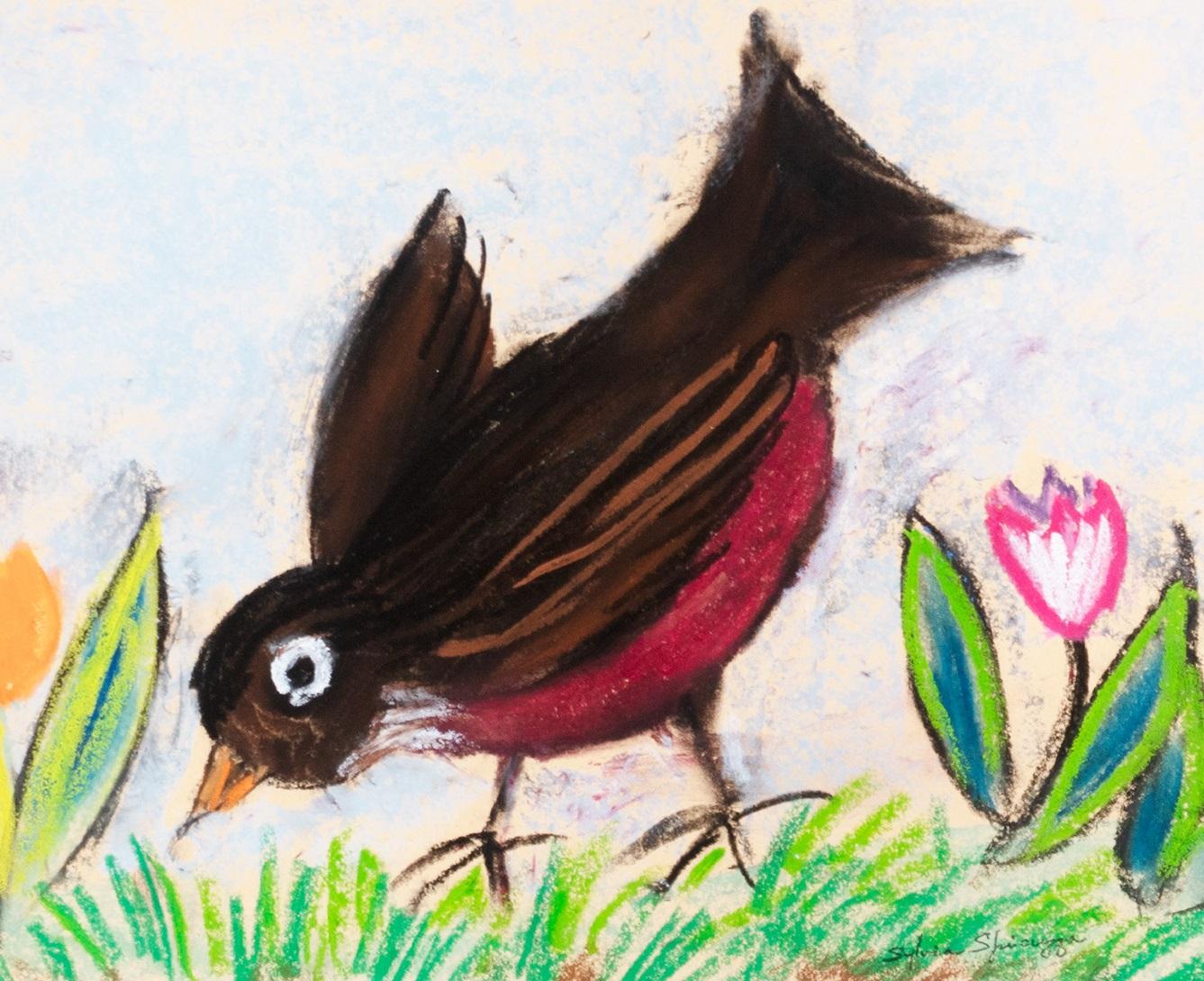 Robin With Tulips'' Pastell, gestempelte Signatur unten rechts im Angebot 2