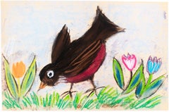 'Robin With Tulips' Pastel, stamped signature lower right