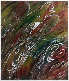 'Two Faces With A Bird #339' signed watercolor