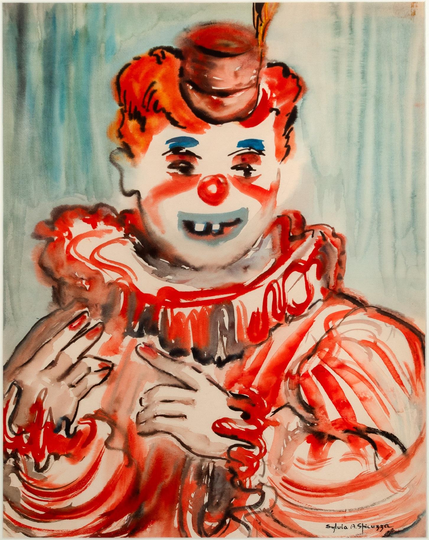 „Clown Close Up“ Aquarell, rechts unten mit Tinte signiert – Art von Sylvia Spicuzza