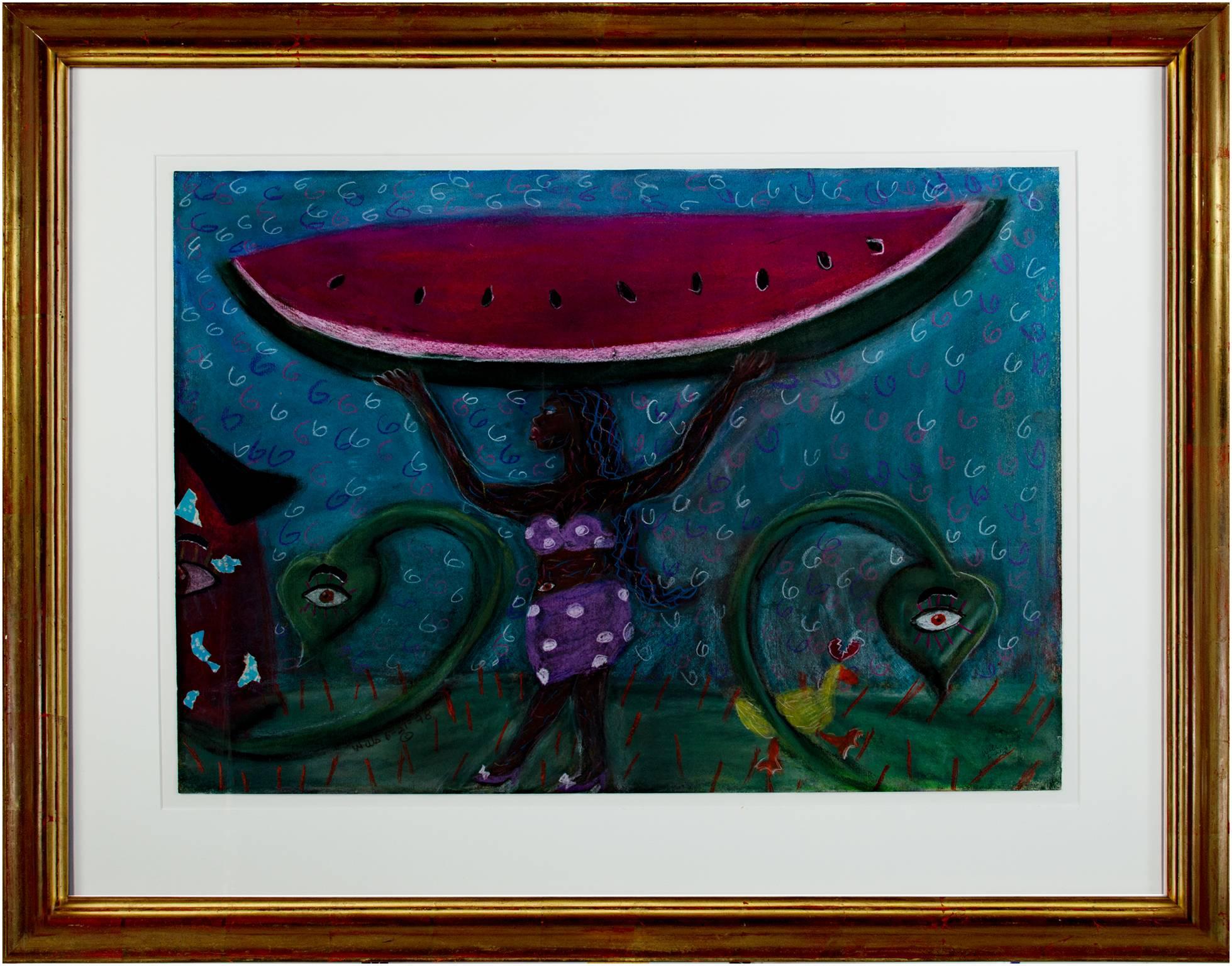 "Melon Scope" is an original pastel drawing on paper by Della Wells. The artist signed the piece in the lower right. This work depicts a black woman carrying a large slice of watermelon, which stands for a stereotype of African Americans. Two