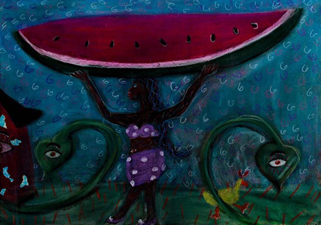 „Melon Scope“, Original pastellfarbene Zeichnung, signiert von Della Wells im Angebot 1