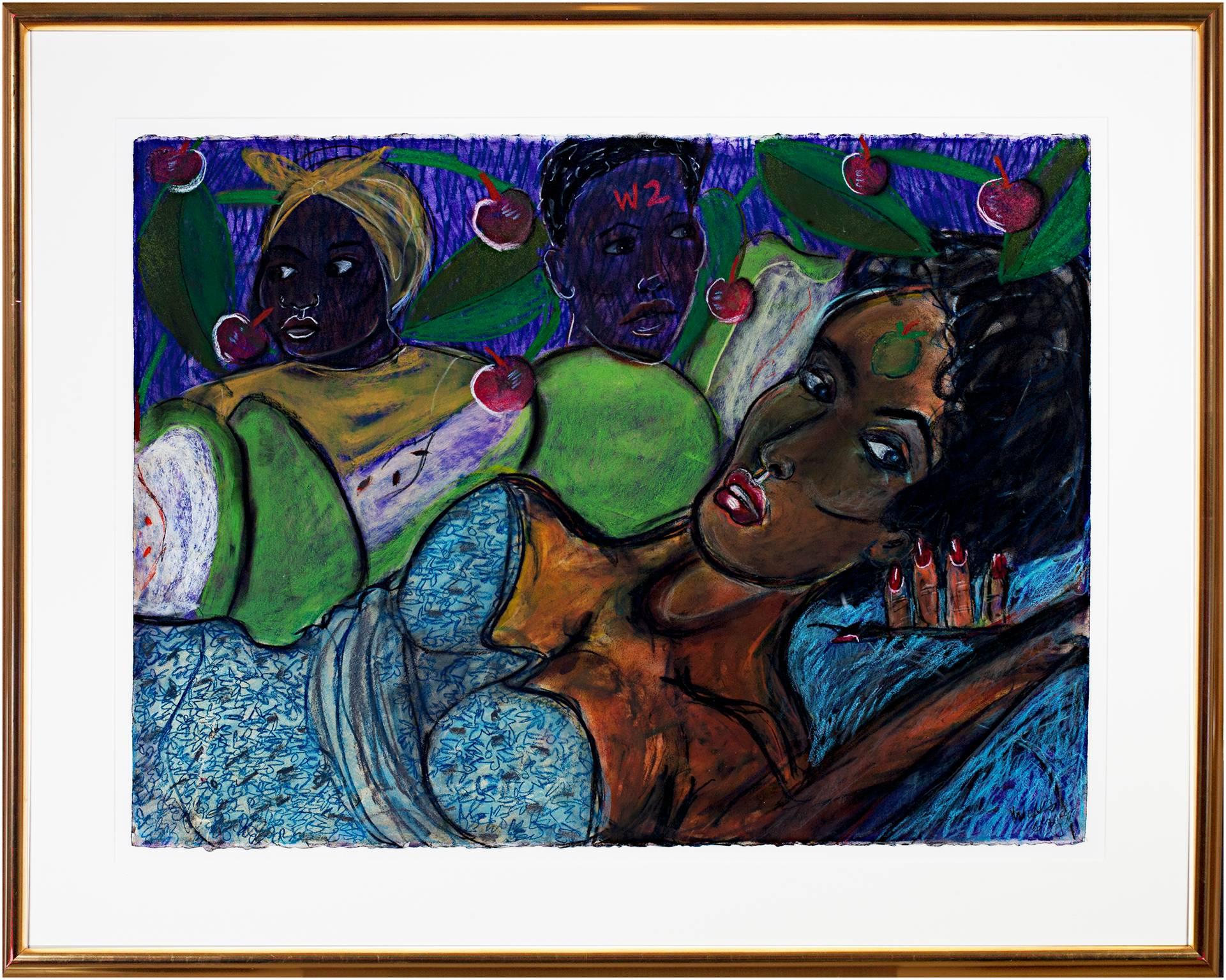 "America's Nightmares" is an original pastel drawing on paper by Della Wells. The artist signed the piece in the lower right. The work depicts three African American figures in an indeterminate garden-like space surrounded by apples upon which are