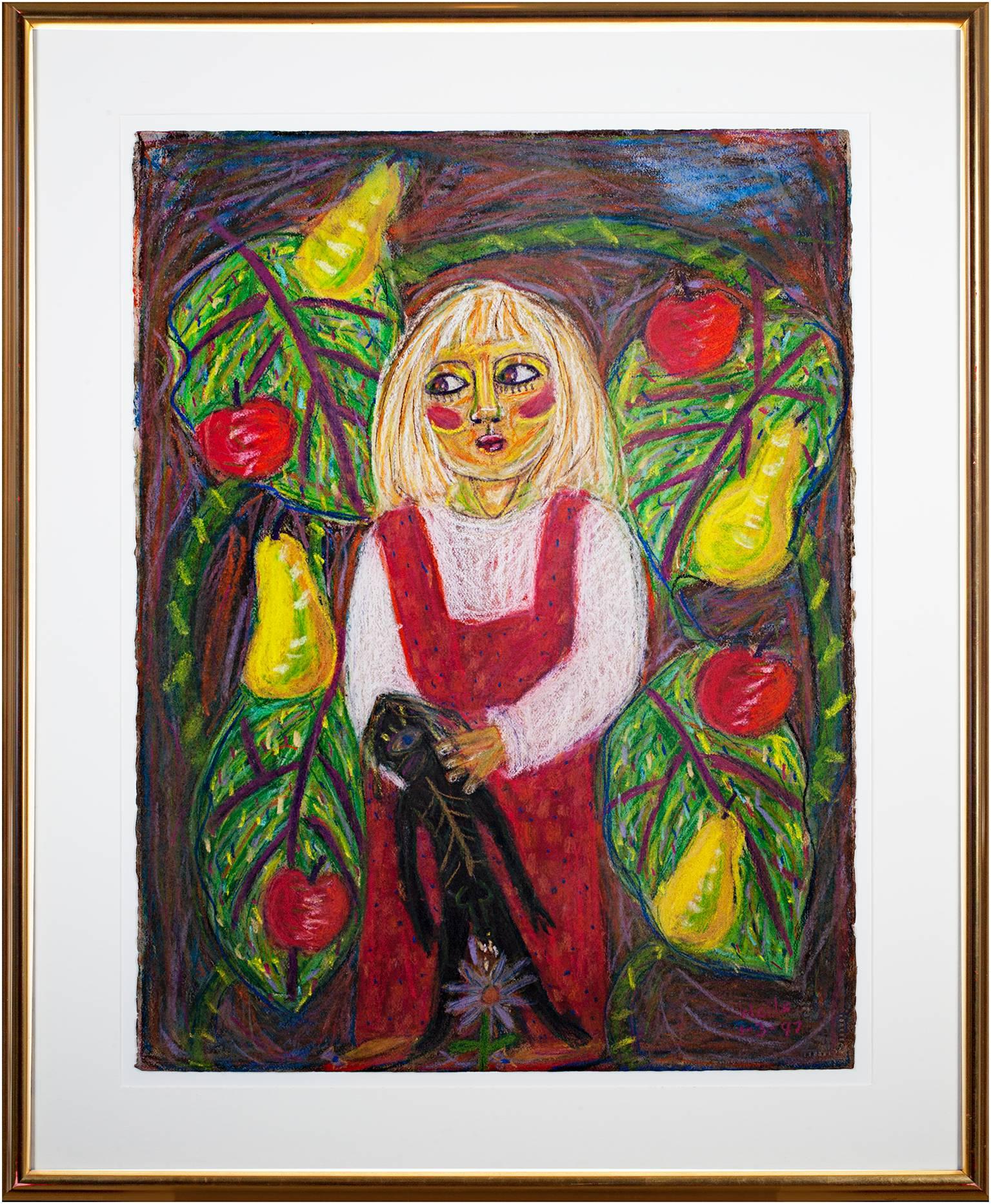 "America, How Does Your Garden Grow?' is an original pastel by Della Wells. It pictures a blond girl holding a black doll in a verdant garden-like setting with leaves and apples and pears. The vines appear to be serpent-like, and the girl's