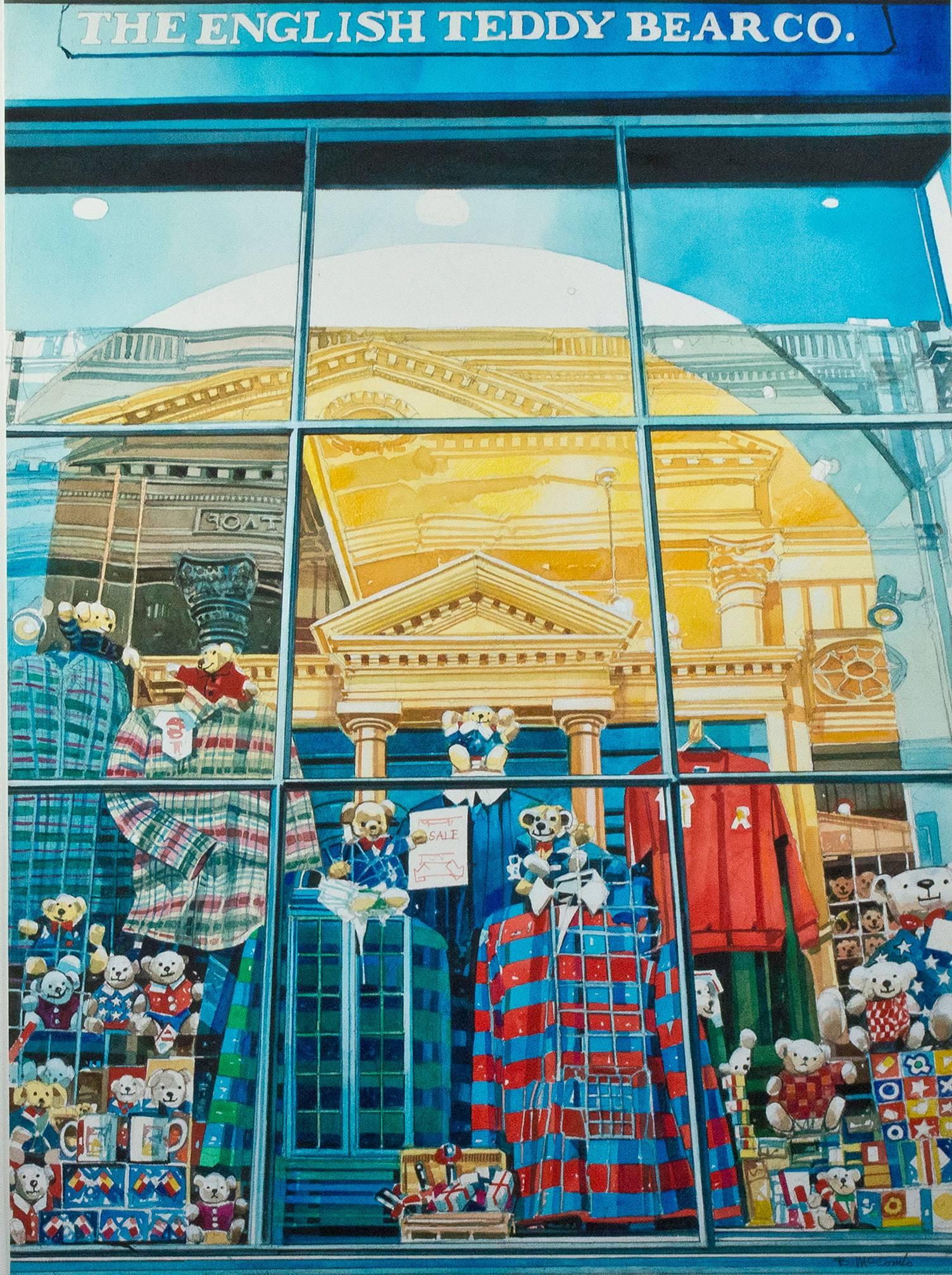 "English Teddy Bear Company" is an original signed watercolor by Bruce McCombs. It depicts the front window display of a toy store. The window allows the viewer to peek inside but also to see the reflection of the building opposite the store. This