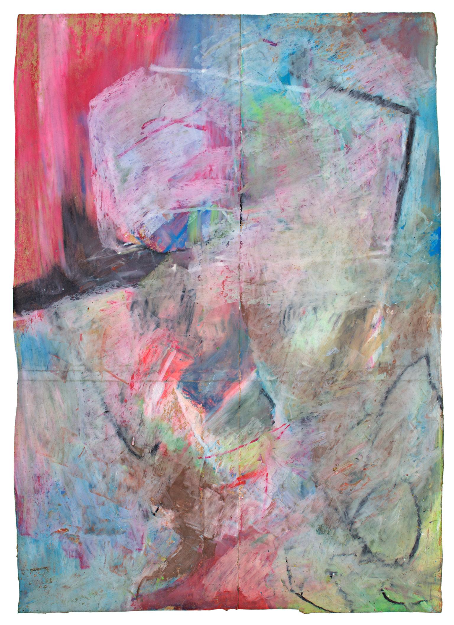 "Fap" ist ein Original-Ölpastell auf einer Einkaufstüte von Reginald K.K. Gee. Der Künstler hat das Werk auf der Rückseite signiert. Es zeigt abstrakte Zeichen in Pastellgrün, Blau und Rosa, die die Umrisse eines Gesichts andeuten. 

16 1/2" x 11
