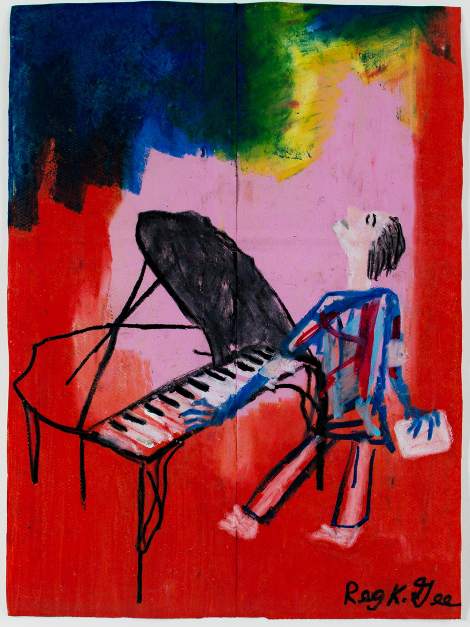 "3AM Sleepwalking Composer" is an original oil pastel drawing on a grocery bag by Reginald K. Gee. The artist signed the piece lower right as well as signing & dating it on the back. It depicts a sleeping man at a piano. 

16 3/4" x 12" art
23 3/4"