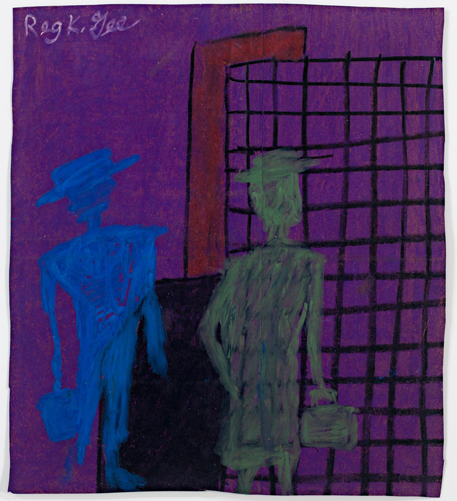 "Two Citizens" is an original oil pastel drawing on a grocery bag by Reginald K. Gee. The artist signed the piece upper left.  Gee engages a variety of themes in his work, including the everyday, humor, social commentary, and art itself. For